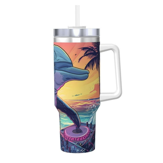 Pofeuu Hip-Hop DJ Dolphin Print 40oz Ice Bully With Handle And Straw Stainless Steel Vacuum Insulated Cup And 2 In 1 Straw Lid