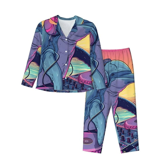 Pofeuu Hip-Hop DJ Dolphin Print Womens Pajamas Set Long Sleeve Sleepwear Button Down Nightwear Soft Pj Lounge Sets Button Down Pajamas Women-X-Large