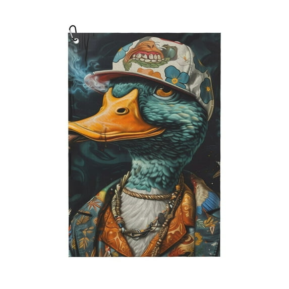 Pofeuu Hip-Hop Duck Print Premium Golf Towel with Carabiner Clip Absorbent Microfiber Waffle Pattern Golf Towel for Golf Bag Trolly Belt Loop