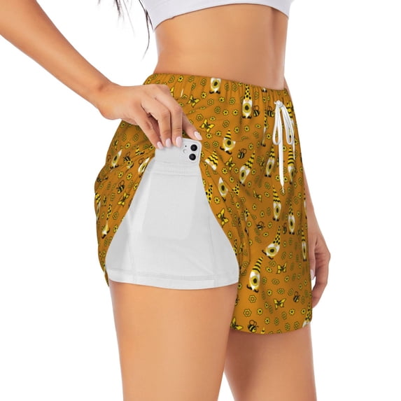 Pofeuu Honey Bee Gnomes Print Women's Athletic Shorts Running Workout Shorts Tummy Control Quick Dry Gym Shorts with Pockets Double layer sports shorts-XX-Large