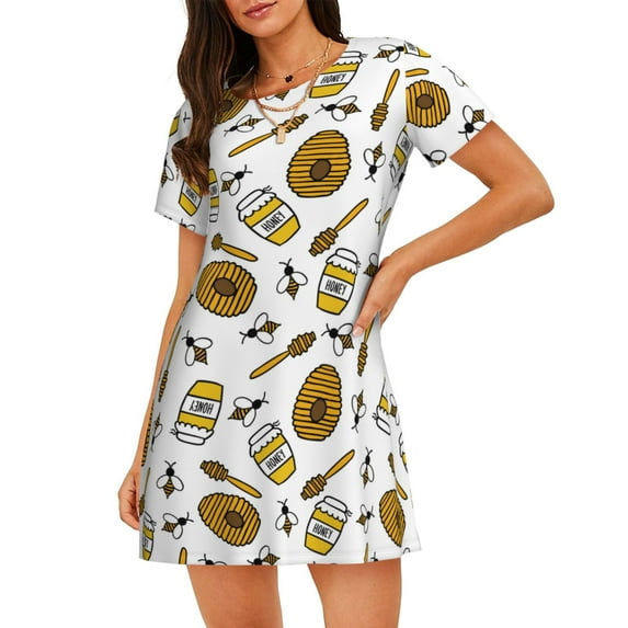 Pofeuu Honey Print Women's Loose Fit Short Sleeve Nightgown, Comfortable Sleep Dress for Women, Casual Lounge Sleepwear, Soft Cotton Sleep Dress