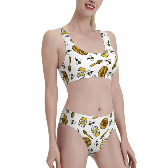 Pofeuu Honey Print Womens Bathing Suits Modest High Waisted Bikini Sets Cute Halter 2 Piece Swim Suit