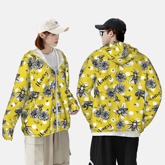 Pofeuu Honeybee Print Sun Protection Outdoor Lightweight Full Zip UV Cooling Hoodie Long Sleeve Summer Clothing for Outdoor Hiking-Medium