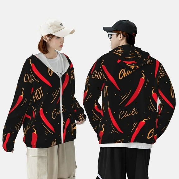 Pofeuu Hot Chili Print Sun Protection Outdoor Lightweight Full Zip UV Cooling Hoodie Long Sleeve Summer Clothing for Outdoor Hiking-XX-Large