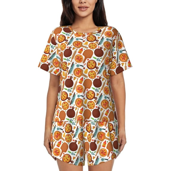 Pofeuu Hot Fresh Pizza Print Women's Pajama Set Short/Shorts Soft Button PJs Elastic Drawstring Waist Sleepwear-4X-Large