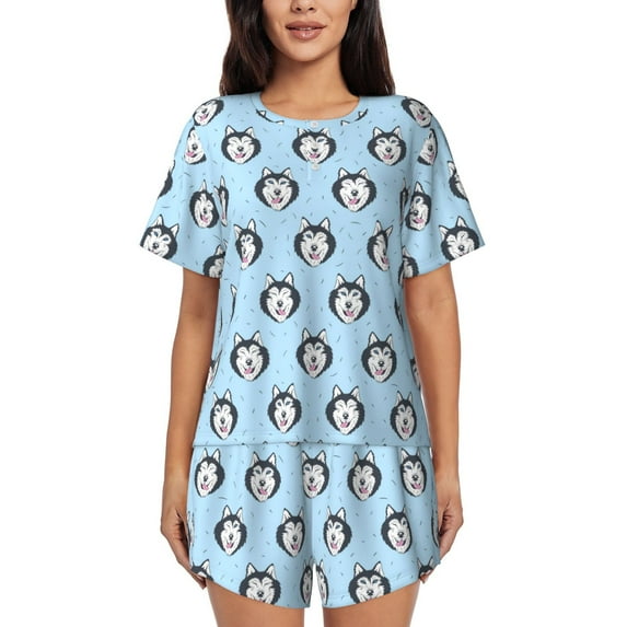 Pofeuu Husky Head Print Women's Pajama Set Short/Shorts Soft Button PJs Elastic Drawstring Waist Sleepwear-Medium