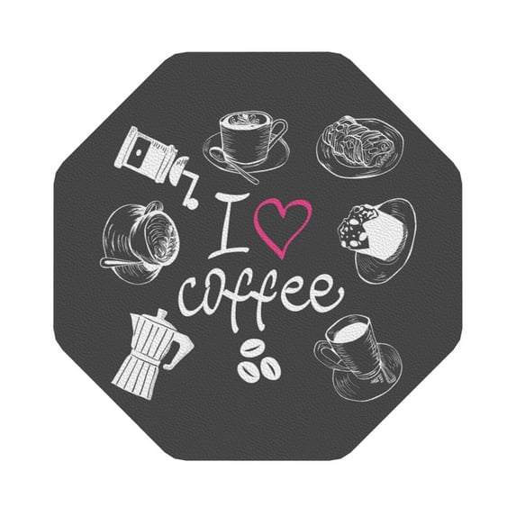 Pofeuu I Love Coffee Print Leather Coasters Set of 6, Round Cups Mugs Mat Pad for Home Kitchen Heat Resistant Drink Coasters,Octagon