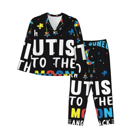 Pofeuu I Love With Autism To The Moon And Back Print Womens Pajamas Set Long Sleeve Sleepwear Button Down Nightwear Soft Pj Lounge Sets Button Down Pajamas Women-XX-Large