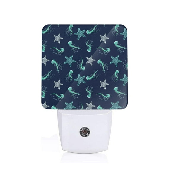 Pofeuu Ice Blue Starfish and Jellyfish Print Night Lights Plug into Wall with Dusk-to-Dawn Light Sensor, LED Nightlight for Bathroom, Adult, Hallway-EU
