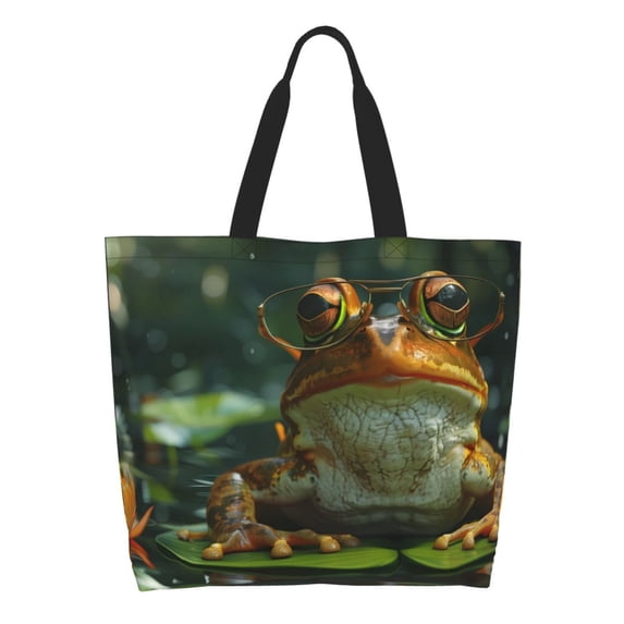 Pofeuu Intellectual Frog Pond Print Reusable Grocery Bags - Washable, Foldable, Packable Tote, Large Handles, Heavy Duty, Zippered Top Pouch