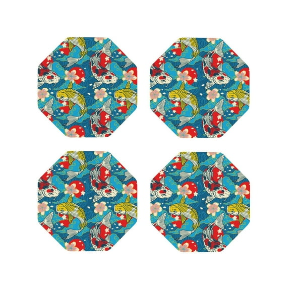 Pofeuu Japanese Koi Print Coasters for Drinks, 4Pack PU Leather Coasters, Bar Drink Coasters for Tabletop Protection, Furniture from Damage-Octagon
