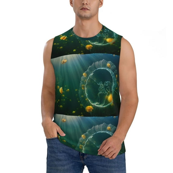 Pofeuu Jelly Fish Print Men's Muscle T-Shirt, Sleeveless, Muscle Tank, Classic Muscle Tee Top For Men Casual Sleeveless Muscle T-Shirt Trendy Clothes-XX-Large