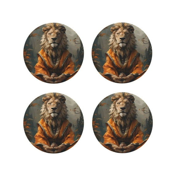 Pofeuu Jungle Meditating Lion Print Coasters for Drinks, 4Pack PU Leather Coasters, Bar Drink Coasters for Tabletop Protection, Furniture from Damage-Round Shape