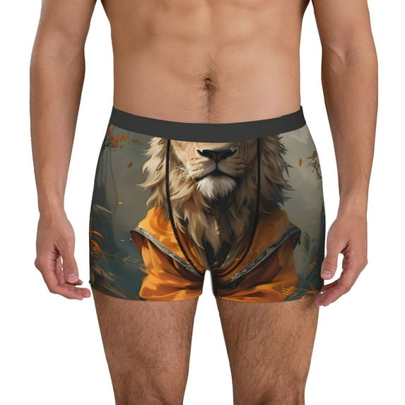 Pofeuu Jungle Meditating Lion Print Men’s Boxer Briefs, Moisture-Wicking Underwear, Regular,Trunk-Large