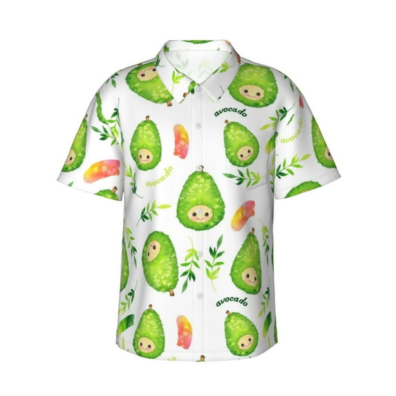 Pofeuu Kawaii Avocado Print Hawaiian Shirt for Men Sleeves Casual Button Down Summer Beach Dress Shirts T-Shirts,X-Large