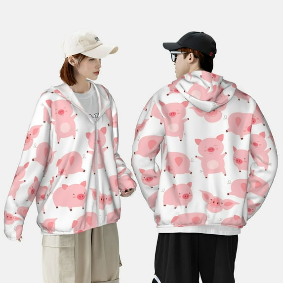 Pofeuu Kawaii Pigs Print Sun Protection Outdoor Lightweight Full Zip UV Cooling Hoodie Long Sleeve Summer Clothing for Outdoor Hiking-Medium