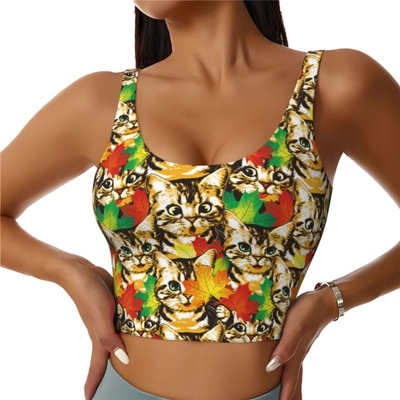Pofeuu Kittens With Maple Leaves Print Sports Bra for Women Sexy Vest Yoga Running Gym Fitness Crop Bras Tops-Large