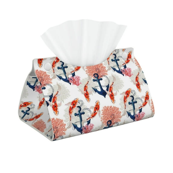 Pofeuu Koi Fish And Corals Print Tissue Box Cover, Modern Decorative PU Leather Rectangular Tissue Box Case Organizer Holder for Vanity Countertop, Night Stands, Livingroom