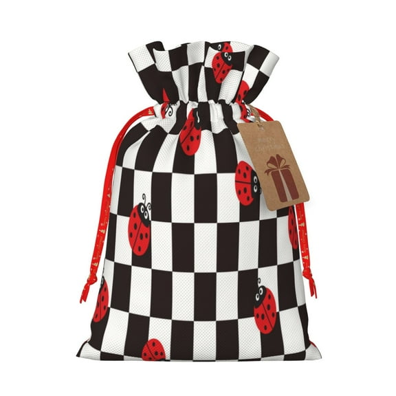 Pofeuu Ladybugs Of Black And White Checkers Print Burlap Bags with Drawstrings Drawstring Gift Bags Pouch Bag for Thankgiving Birthday Party Gift Wrapping Treats and Party Favors-Small