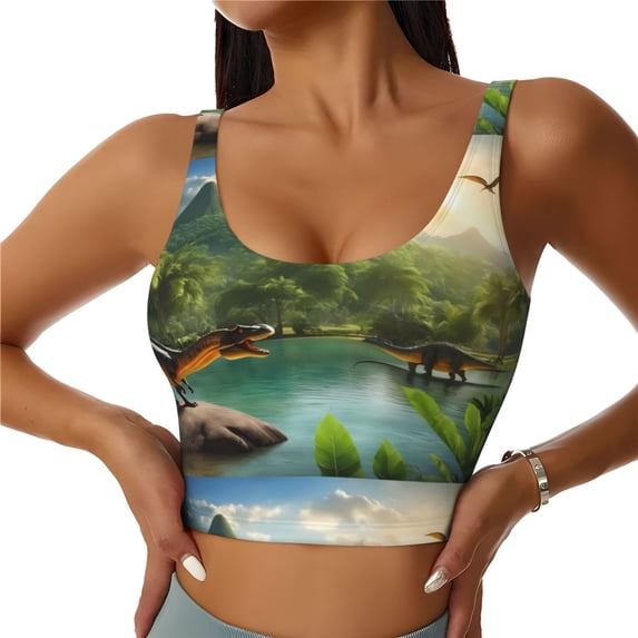 Pofeuu Lake Forest Dinosaur Print Sports Bra for Women Sexy Vest Yoga Running Gym Fitness Crop Bras Tops-XX-Large
