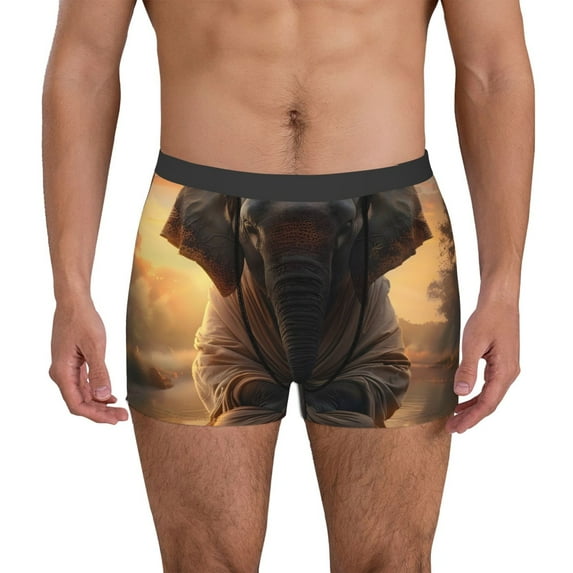 Pofeuu Lake Meditating Elephant Print Men’s Boxer Briefs, Moisture-Wicking Underwear, Regular,Trunk-Small