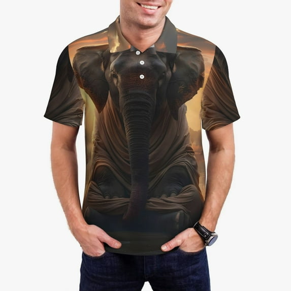 Pofeuu Lake Meditating Elephant Print Men's Loose Fit Midweight Short-Sleeve Pocket Polo-X-Large