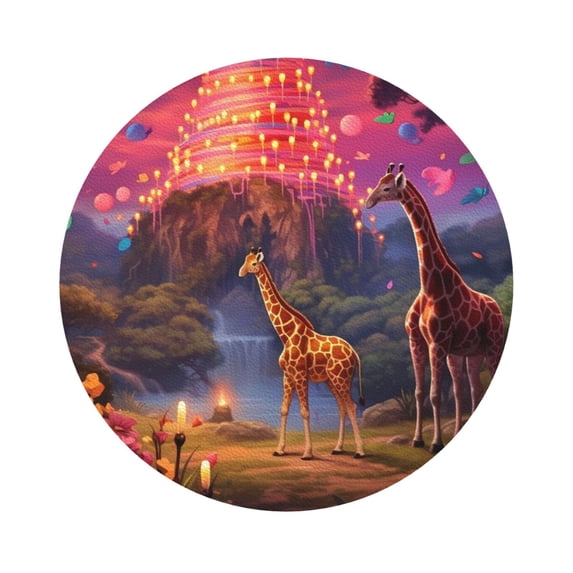 Pofeuu Lantern Giraffes Magical Forest Print Leather Coasters Set of 6, Round Cups Mugs Mat Pad for Home Kitchen Heat Resistant Drink Coasters,Round Shape