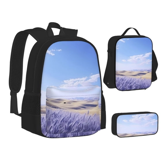 Pofeuu Lavender Fields Under Blue Sky Print Backpack Travel Backpacks With Lunch Bag Pencil Bag Set 3 pcs Set Cartoon Backpack
