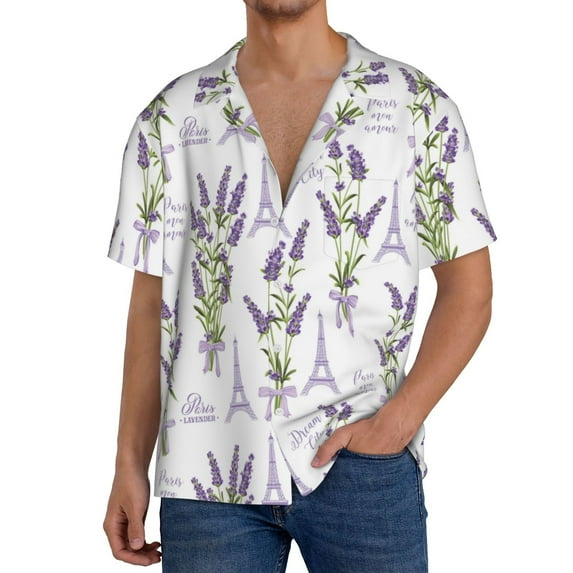 Pofeuu Lavender Flowers Print Mens Casual Short Sleeve Shirts Beach Summer Spread Collar Pocket Tops Men's Casual Short-sleeved Shirt-Large