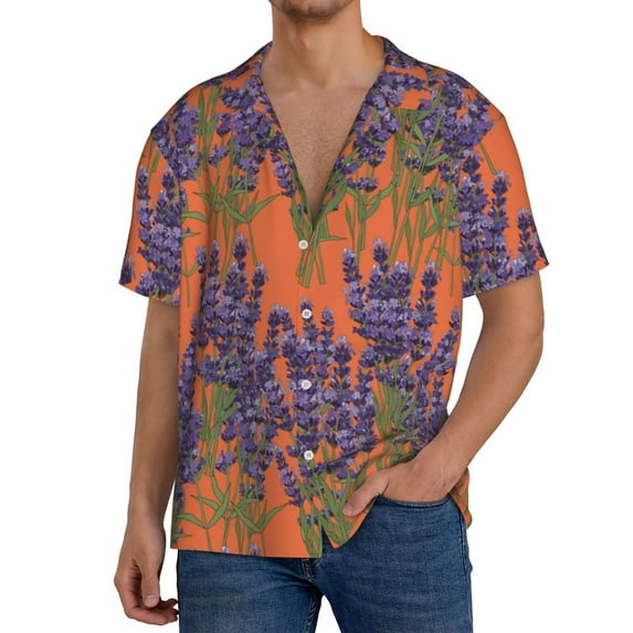 Pofeuu Lavender Flowers Print Mens Casual Short Sleeve Shirts Beach Summer Spread Collar Pocket Tops Men's Casual Short-sleeved Shirt-Medium