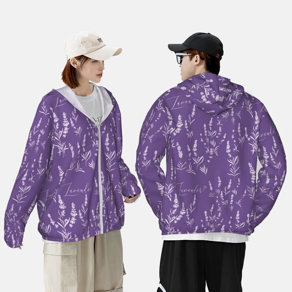 Pofeuu Lavender Flowers Print Sun Protection Outdoor Lightweight Full Zip UV Cooling Hoodie Long Sleeve Summer Clothing for Outdoor Hiking-Large