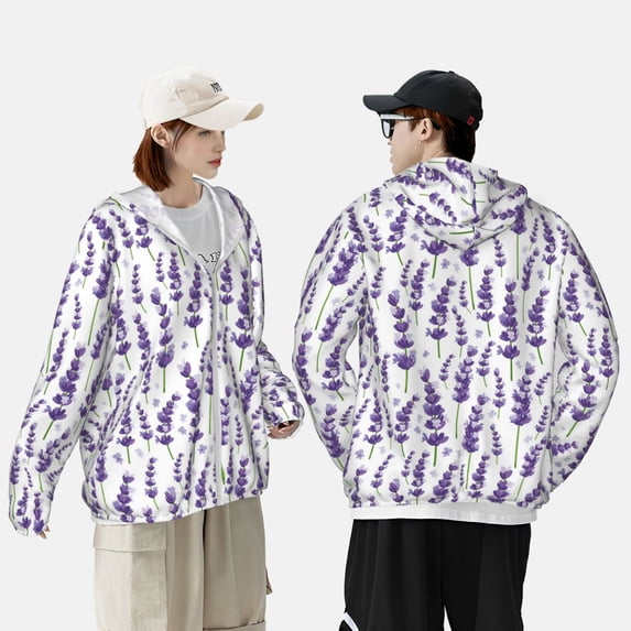 Pofeuu Lavender Flowers Print Sun Protection Outdoor Lightweight Full Zip UV Cooling Hoodie Long Sleeve Summer Clothing for Outdoor Hiking-X-Large