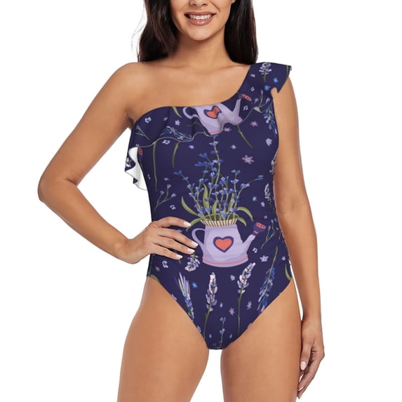 Pofeuu Lavender Flowers Print Women's One Piece Swimsuits One Shoulder Swimwear Asymmetric Ruffle Monokinis Bathing Suits-X-Large