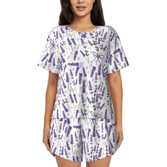 Pofeuu Lavender Flowers Print Women's Pajama Set Short/Shorts Soft Button PJs Elastic Drawstring Waist Sleepwear-XX-Large