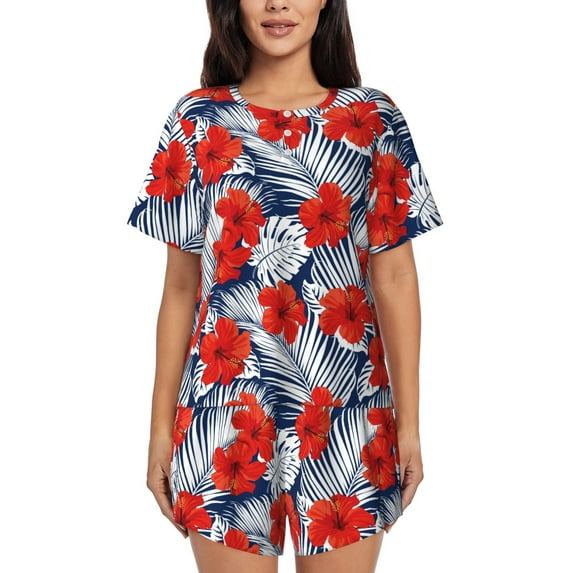Pofeuu Leaves And Flowers Print Women's Pajama Set Short/Shorts Soft Button PJs Elastic Drawstring Waist Sleepwear-Small