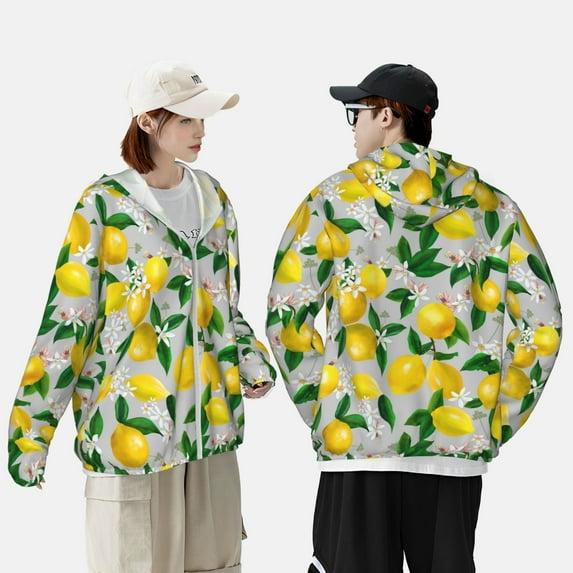 Pofeuu Lemon1 Print Sun Protection Outdoor Lightweight Full Zip UV Cooling Hoodie Long Sleeve Summer Clothing for Outdoor Hiking-3X-Large