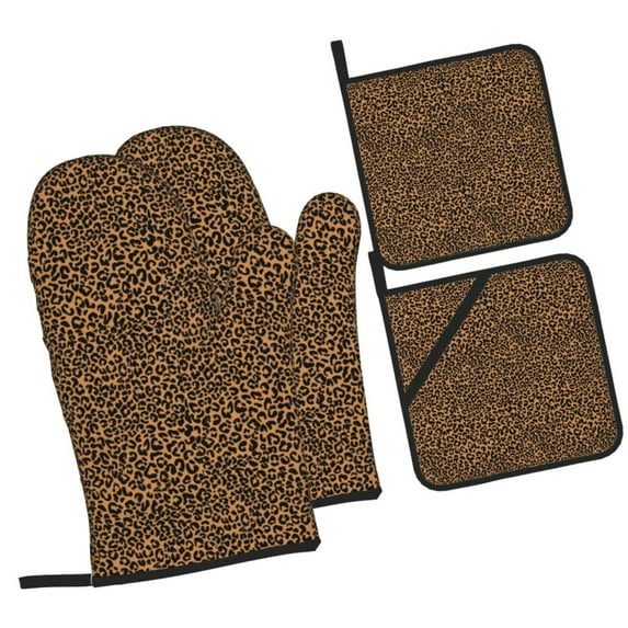 Pofeuu Leopard Print Oven Mitts and Pot Holders 4 pcs Set,High Heat Resistant 500 Degree Extra Thicken Long Kitchen Cotton Oven Glove for Cooking