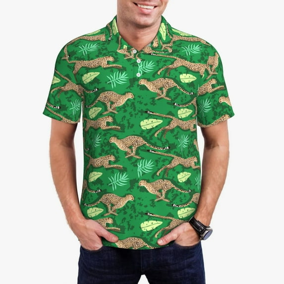 Pofeuu Leopard Print Print Men's Loose Fit Midweight Short-Sleeve Pocket Polo-Medium