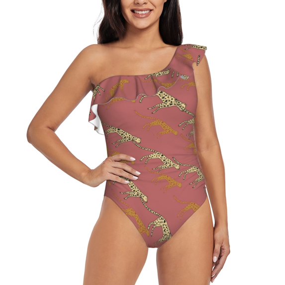 Pofeuu Leopard Print Print Women's One Piece Swimsuits One Shoulder Swimwear Asymmetric Ruffle Monokinis Bathing Suits-Medium