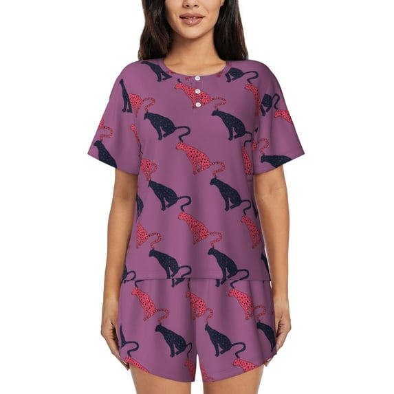 Pofeuu Leopard Print Print Women's Pajama Set Short/Shorts Soft Button PJs Elastic Drawstring Waist Sleepwear-Medium