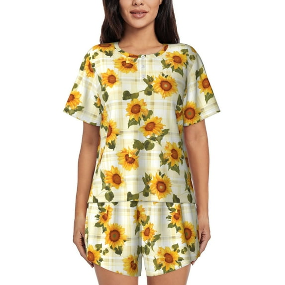 Pofeuu Light Green Plaid Sunflower Print Women's Pajama Set Short/Shorts Soft Button PJs Elastic Drawstring Waist Sleepwear-3X-Large