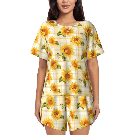 Pofeuu Light Yellow Plaid Sunflower Print Women's Pajama Set Short/Shorts Soft Button PJs Elastic Drawstring Waist Sleepwear-Small