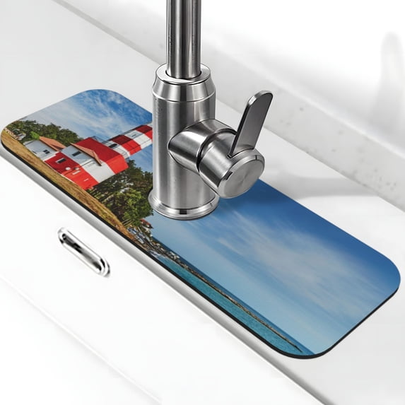 Pofeuu Lighthous Print Splash Guard for Sink Faucet Sink Gadgets-Splash Guard Behind Faucet Drip Catcher for Kitchen, Bathroom,Sink Mat