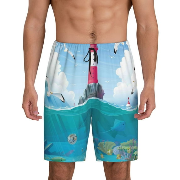 Pofeuu Lighthouse Sea Port Print Men's Soft Woven Elastic Waistband Sleep Pajama Short-4X-Large