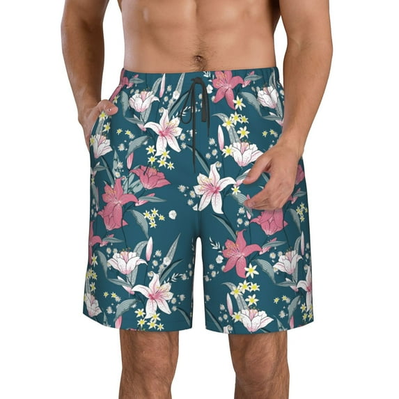 Pofeuu Lilies Flowers Prin Men's Swim Trunks Quick Dry Bathing Suit Swimming Board Shorts Mesh Lining Beach Swimwear-Large