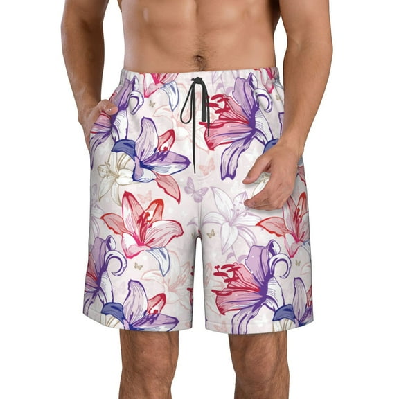 Pofeuu Lilies Flowers Prin Men's Swim Trunks Quick Dry Bathing Suit Swimming Board Shorts Mesh Lining Beach Swimwear-Medium