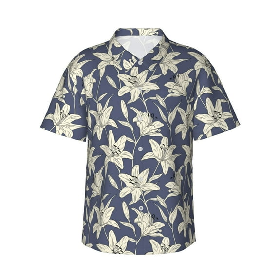 Pofeuu Lilies Flowers Print Hawaiian Shirt for Men Sleeves Casual Button Down Summer Beach Dress Shirts T-Shirts,Large