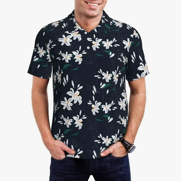 Pofeuu Lilies Flowers Print Men's Loose Fit Midweight Short-Sleeve Pocket Polo-3X-Large
