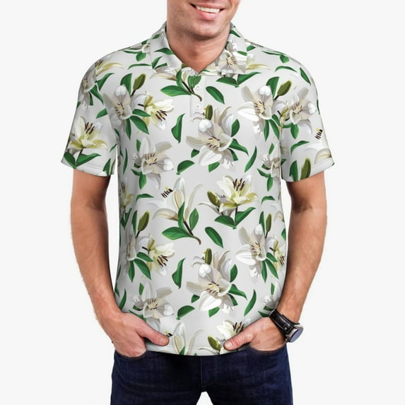 Pofeuu Lilies Flowers Print Men's Loose Fit Midweight Short-Sleeve Pocket Polo-Large