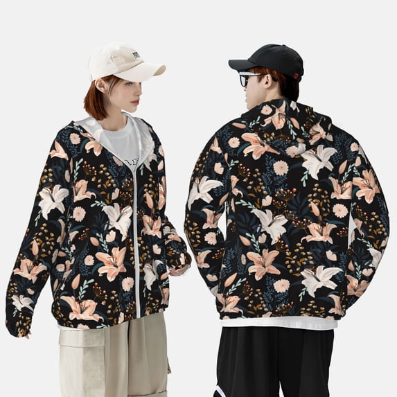 Pofeuu Lilies Flowers Print Sun Protection Outdoor Lightweight Full Zip UV Cooling Hoodie Long Sleeve Summer Clothing for Outdoor Hiking-3X-Large